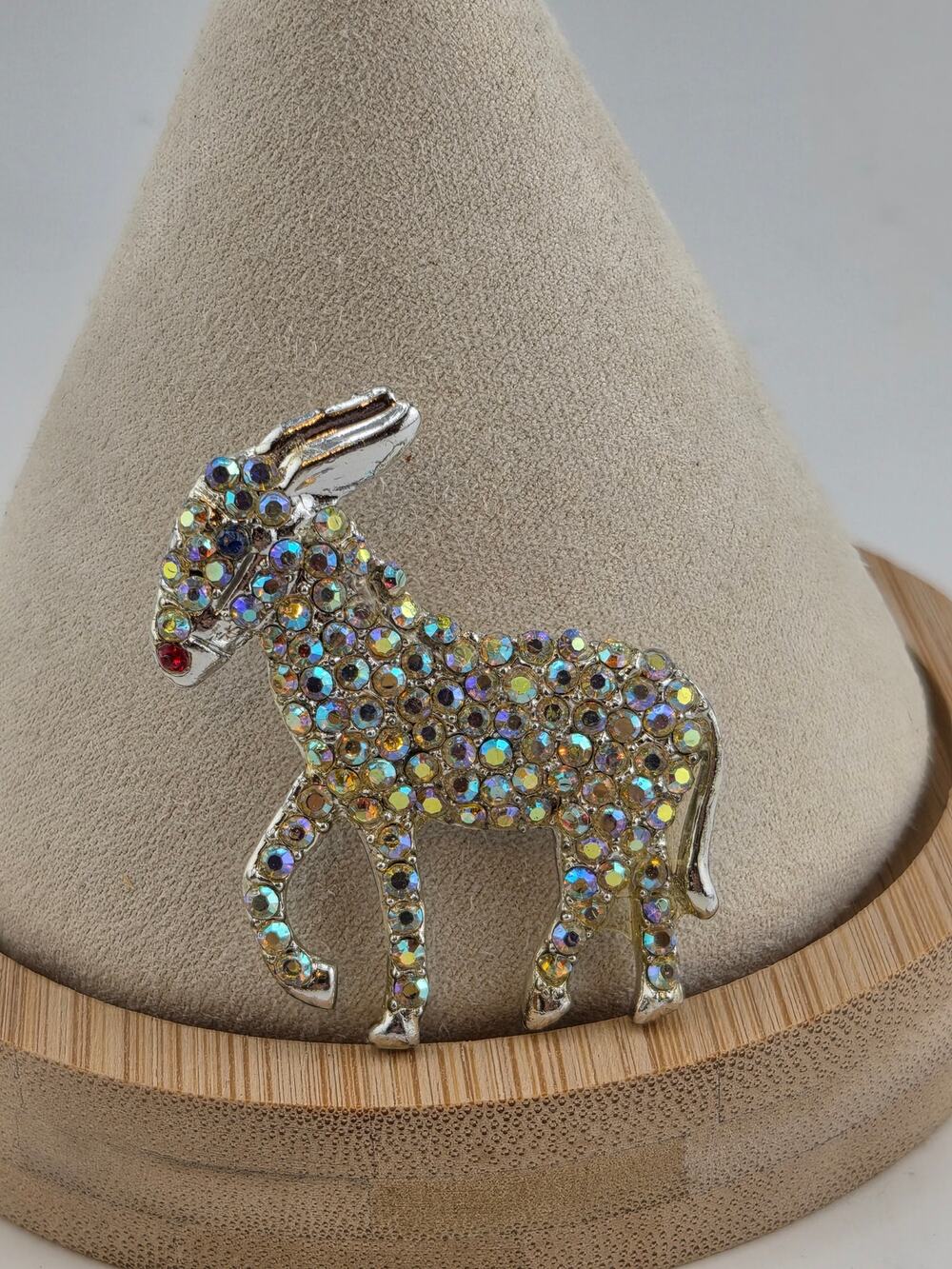 Vintage Rhinestone Donkey Brooch AB Crystal Figural Animal Pin Silver Tone